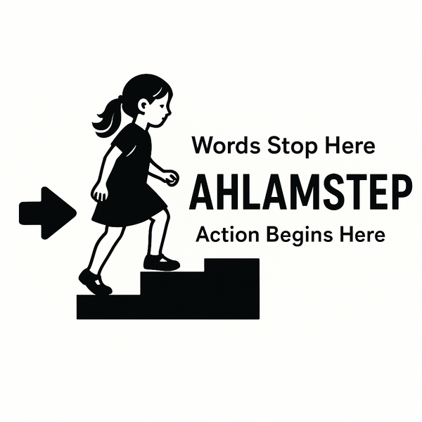 Illustration of a girl walking up stairs with text 'Words Stop Here' and 'AHLAMSTEP Action Begins Here'.